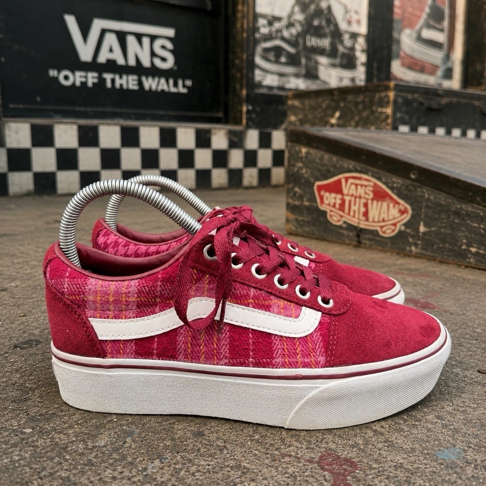 Vans Old Skool Ward‎ Platform Women's Size 7 Burgundy Suede Plaid Mix Sneakers